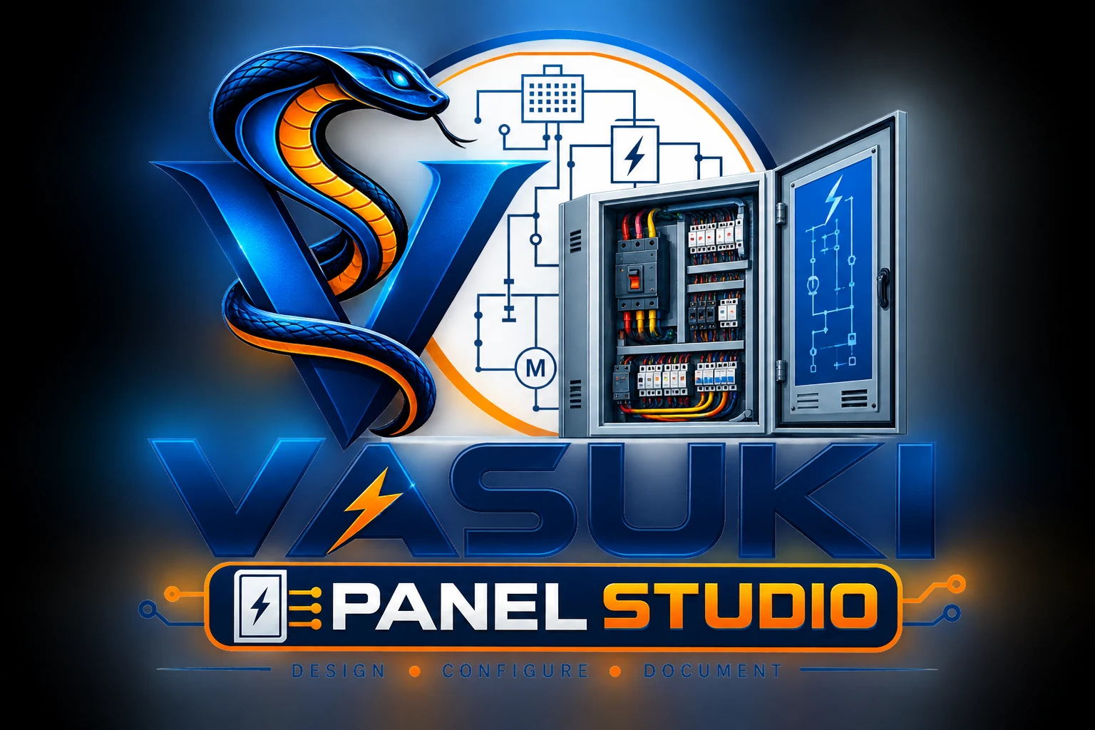 Vasuki Panel Studio logo with electrical control panel artwork